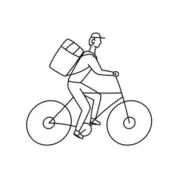 Bicycle courier vector linear illustration on white background Stock Illustration