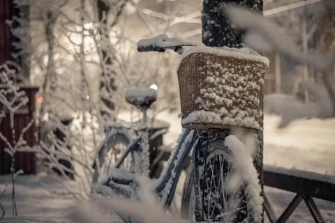 Bicycle covered with snow in winter Stock Photos
