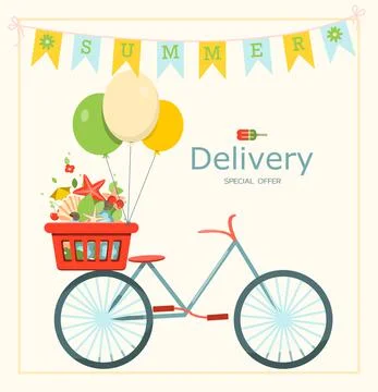 Bicycle, delivery. Vector banner for the summer sale. A bright flat illustration Stock Illustration