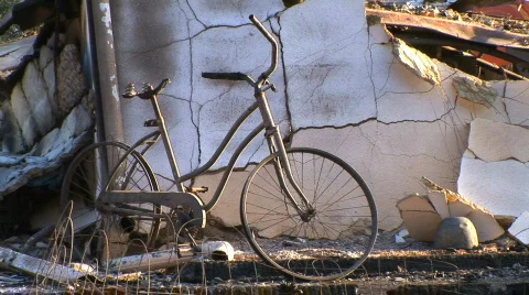 Bicycle destroyed by fire Stock Footage 419339