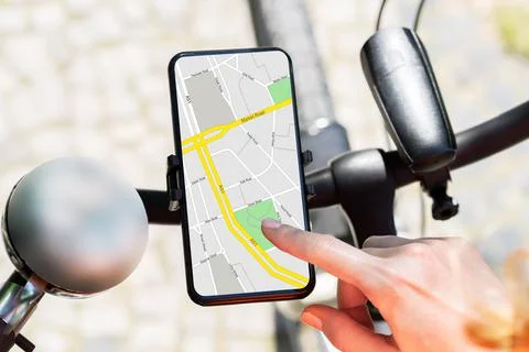 Bicycle GPS Navigator App With Map Stock Photos