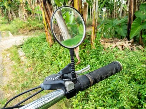 Bicycle Handlebars Featuring Round Rearview Mirrors Stock Photos