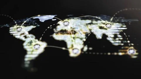 Bicycle hubs connected across glowing world map Stock Illustration