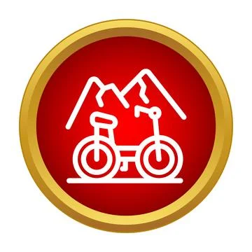 Bicycle icon with mountain peaks in a red circular frame Stock Illustration