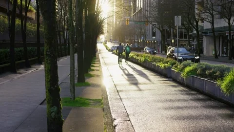 The bicycle lane in slow-motion in Winter, Vancouver, BC, Canada, Jan 2020 Stock Footage 146629554