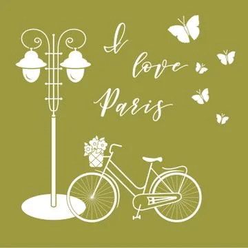 Bicycle, lantern, butterflies. I love Paris. Stock Illustration
