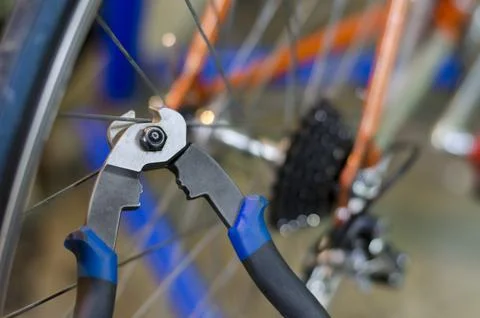Bicycle mechanic in a workshop in the repair process, holds a tool in his han Stock-Fotos