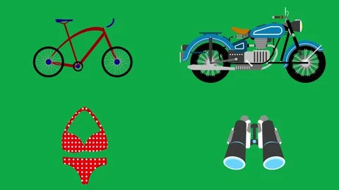 Bicycle Motorcycle Bikini Binocular animation on green screen 3d clay model Stock Footage 334704214