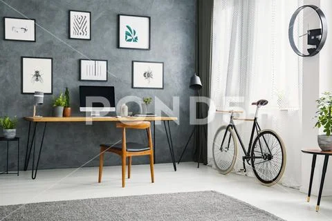 Bicycle next to wooden chair at desk in grey home office interior with poster Stock Photos