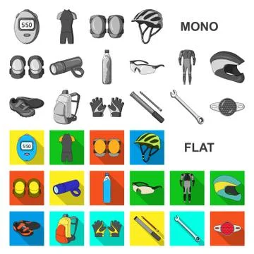 Bicycle outfit flat icons in set collection for design. Bicycle and tool vector Stock Illustration