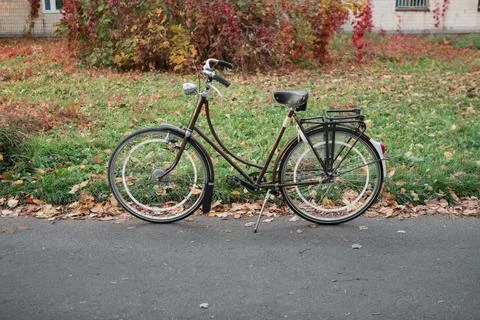 Bicycle parked on a path surrounded by fallen leaves during autumn in a nei.. Stock Photos
