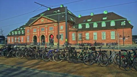 Bicycle parking in front of the old Odense station Stock Footage 197487707