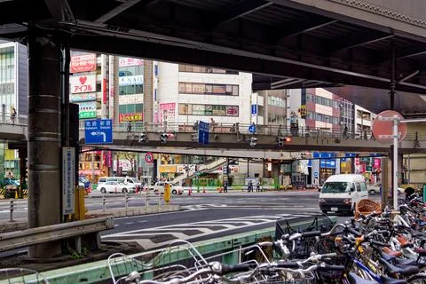 Bicycle parking under railway structure near Shibuya Station Tokyo Japan Stock Photos