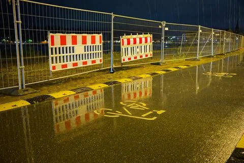 A bicycle path at Flensburg's harbor during heavy rain in Flensburg on the .. Stock Photos