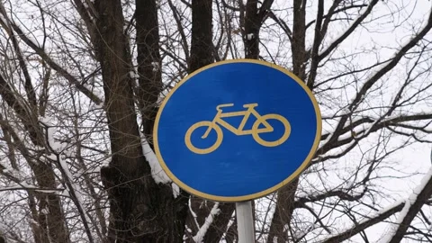 Bicycle path road sign. Road sign installed in the park Stock Footage 263576875