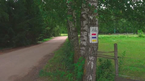 Bicycle path sign on a tree next to a dirt road in the countryside Stock Footage 313544719