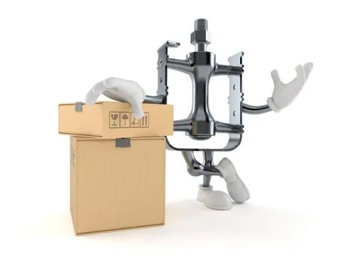 Bicycle pedal character with stack of boxes Ilustración de archivo