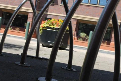 Bicycle rack, low angle shot 库存照片