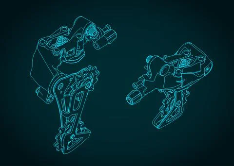 Bicycle rear derailleur isometric technical drawings Illustrazione stock