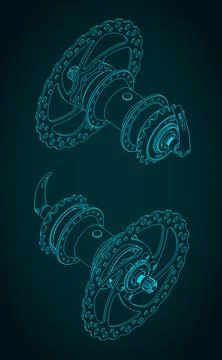 Bicycle rear hub isometric technical drawings Stock-Illustration