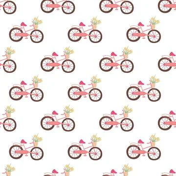 Bicycle seamless pattern vector. Cute flat bike with flower basket illustration Stock Illustration