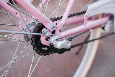 Bicycle. Selective focus on chain and transmission. Stock Photos