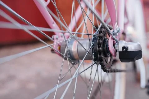 Bicycle. Selective focus on chain and transmission. Stock Photos
