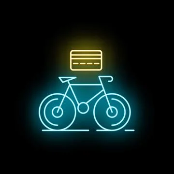 Bicycle sharing service payment with credit card neon icon Stock Illustration