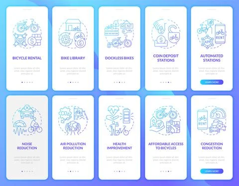 Bicycle-sharing system onboarding mobile app page screen set Illustrazione stock