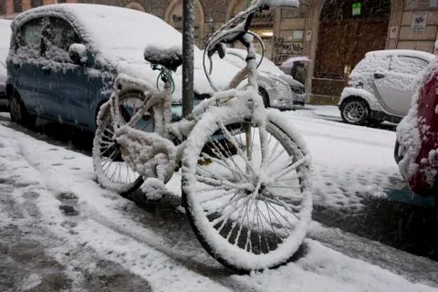 Bicycle snow fall Stock Photos