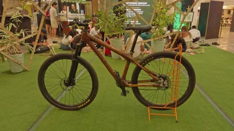 Bicycle on a stand, the frame of the bike is made out of Bamboo. Stock Footage 284516933