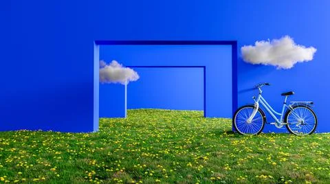 Bicycle standing in a blue abstract interior design living room with  floweri Ilustración de archivo