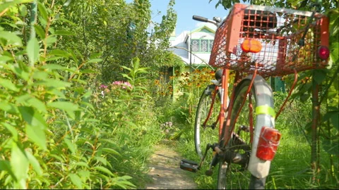 Bicycle standing in the garden plot in 4k Vídeos de archivo 149172238
