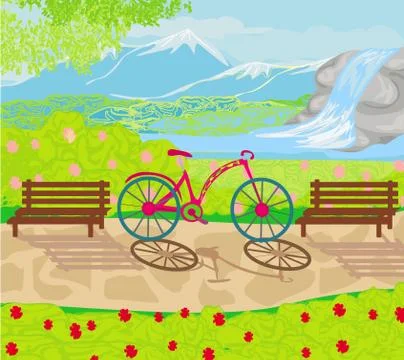 Bicycle stands in the park between the benches Ilustração Stock
