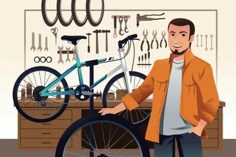Bicycle store owner in his bike repair shop Stock Illustration