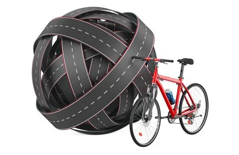 Bicycle with tangled ball of roads. 3D rendering Illustrazione stock
