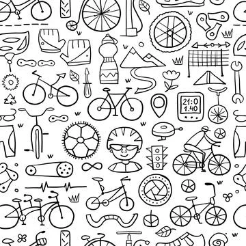 Bicycle time. Types of bicycles, tools and spare parts. Seamless pattern Illustrazione stock