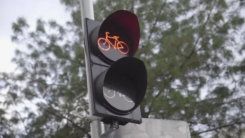 Bicycle traffic lights, changing from red traffic lights for cyclists to green Stock Footage 272341197