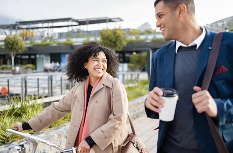 Bicycle, travel and happy business people walking in urban city, communication Stock Photos