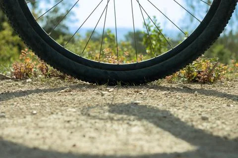 Bicycle wheel on the road Stock Photos