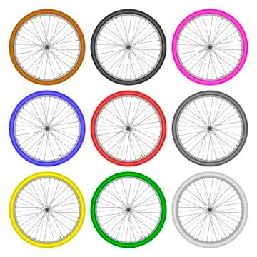 Bicycle wheels different color set on white background vector Stock Illustration
