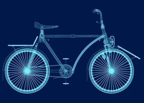 Bicycle Wireframe - Vector Illustration - Isolated On Blue Background. 3D. Side Stock Illustration