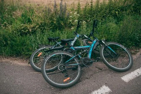 Bicycles are lying in the grass Stock Photos