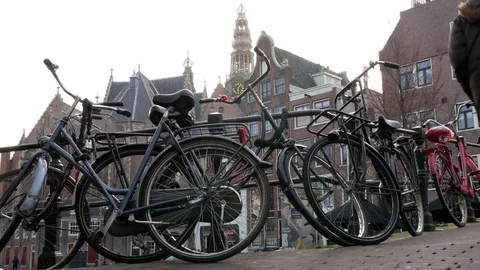 Bicycles on Bridge, Amsterdam Stock Footage 74164556