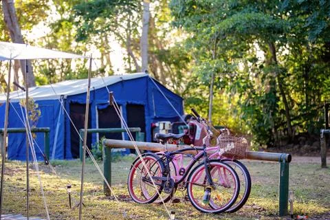 Bicycles At A Camp Site Stock Photos