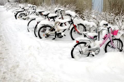 Bicycles covered with snow Stock Photos