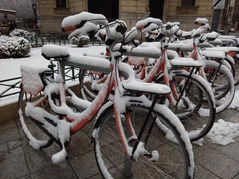 Bicycles covered in snow Stock Photos