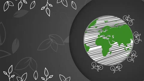 Bicycles move around planet earth. Plant ornament on black background. Stock Footage 237619918