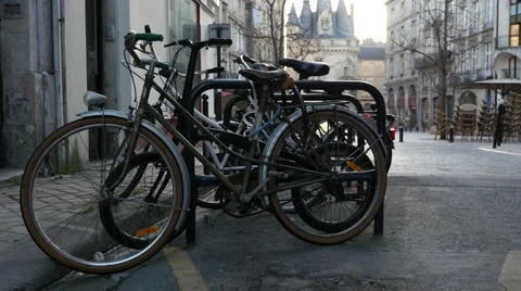 Bicycles parked in line 스톡 동영상 68708717
