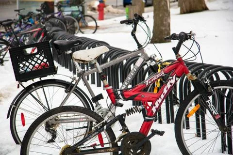 Bicycles Parked in Snow Stock Photos
